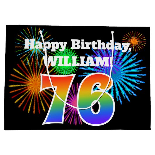 Fun Fireworks + Rainbow Pattern "76" Birthday # Groot Cadeauzakje (Achterkant)