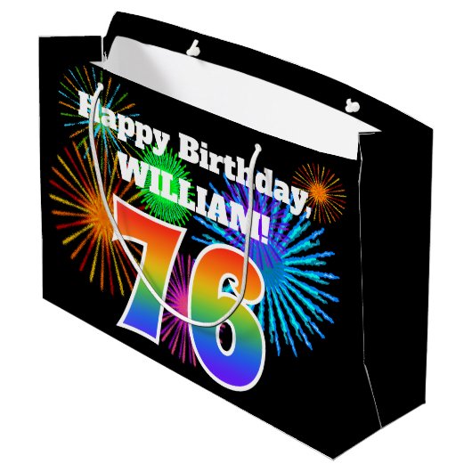 Fun Fireworks + Rainbow Pattern "76" Birthday # Groot Cadeauzakje (Achterkant Gekanteld)