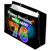 Fun Fireworks + Rainbow Pattern "76" Birthday # Groot Cadeauzakje (Voorkant Gekanteld)