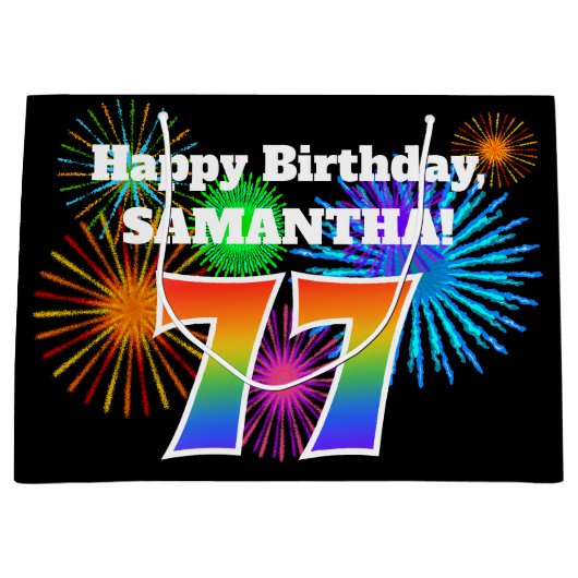 Fun Fireworks + Rainbow Pattern "77" Birthday # Groot Cadeauzakje (Voorkant)