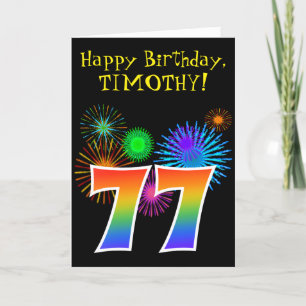 Fun Fireworks + Rainbow Pattern "77" Birthday # Kaart