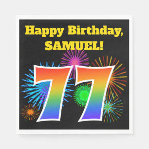 Fun Fireworks + Rainbow Pattern "77" Birthday # Servet