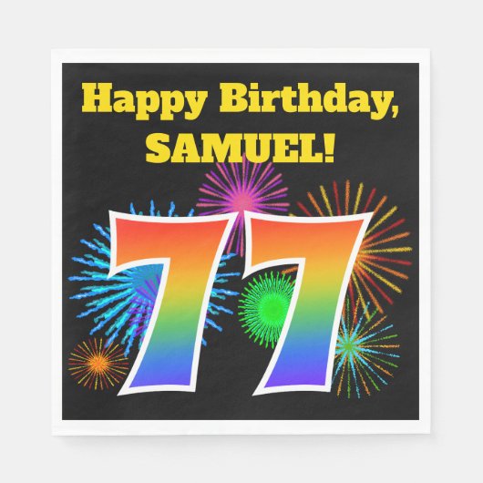 Fun Fireworks + Rainbow Pattern "77" Birthday # Servet (Voorkant)