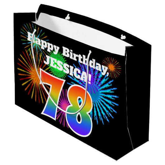 Fun Fireworks + Rainbow Pattern "78" Birthday # Groot Cadeauzakje (Achterkant Gekanteld)