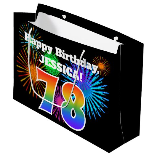Fun Fireworks + Rainbow Pattern "78" Birthday # Groot Cadeauzakje (Voorkant Gekanteld)
