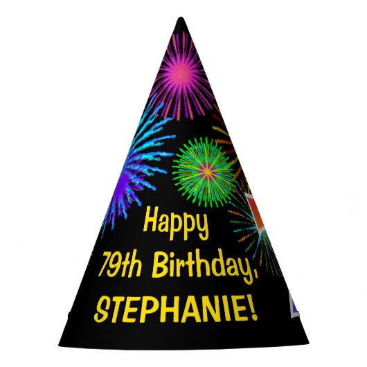 Fun Fireworks + Rainbow Pattern "79" Birthday # Feesthoedjes (Voorkant)