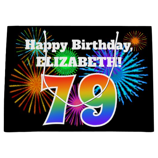 Fun Fireworks + Rainbow Pattern "79" Birthday # Groot Cadeauzakje (Voorkant)