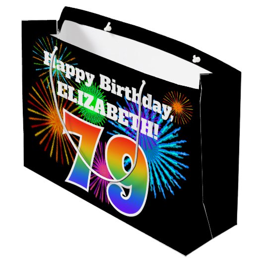 Fun Fireworks + Rainbow Pattern "79" Birthday # Groot Cadeauzakje (Achterkant Gekanteld)