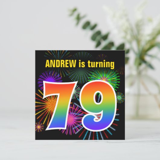 Fun Fireworks + Rainbow Pattern "79" Birthday # Kaart (Staand voorkant)