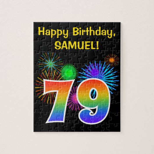 Fun Fireworks + Rainbow Pattern "79" Birthday # Legpuzzel (Verticaal)