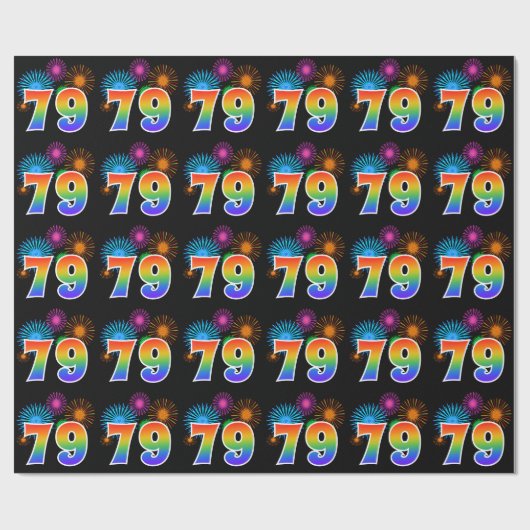 Fun Fireworks + Rainbow Pattern "79" Event Number Cadeaupapier (Vlak)