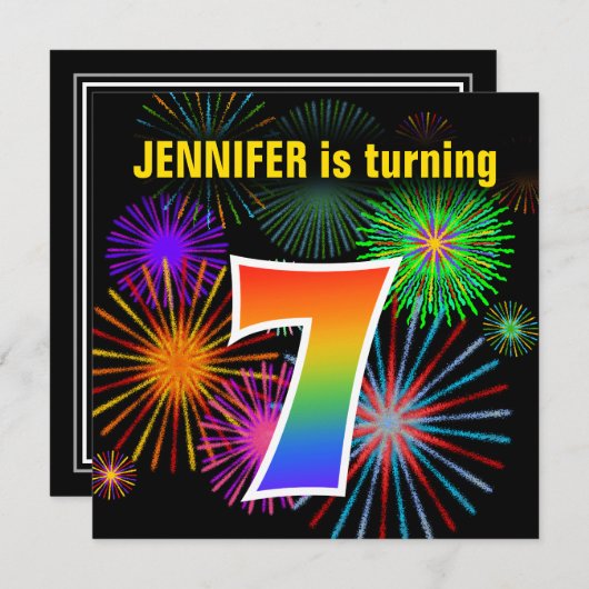 Fun Fireworks + Rainbow Pattern "7" Birthday # Kaart (Voorkant / Achterkant)