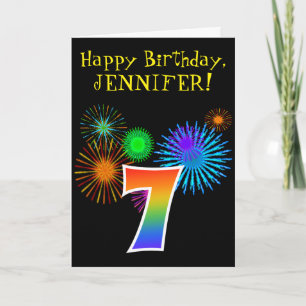 Fun Fireworks + Rainbow Pattern "7" Birthday # Kaart