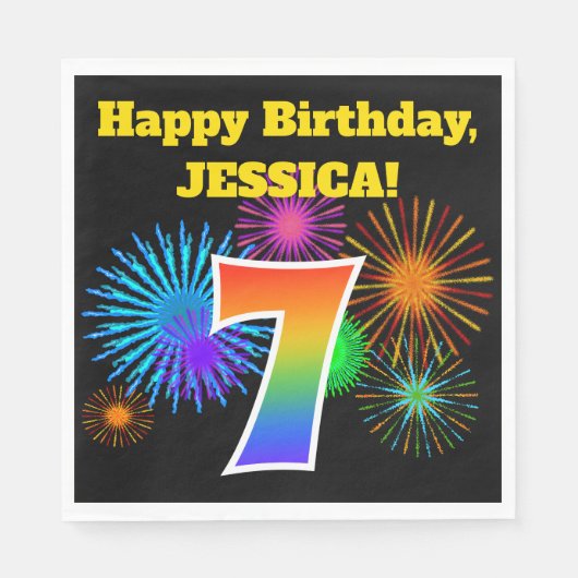 Fun Fireworks + Rainbow Pattern "7" Birthday # Servet (Voorkant)