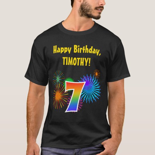 Fun Fireworks + Rainbow Pattern "7" Birthday # T-shirt (Voorkant)