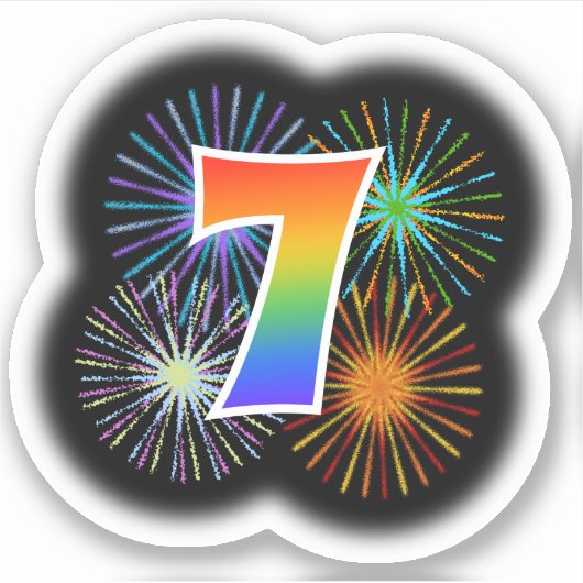 Fun Fireworks + Rainbow Pattern "7" Event # Sticker (Voorkant)