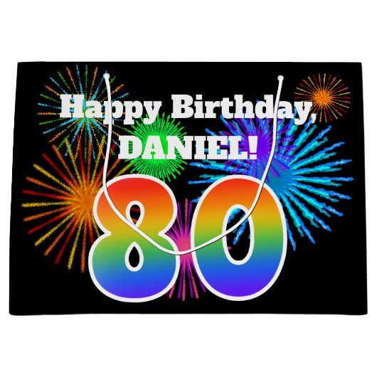 Fun Fireworks + Rainbow Pattern "80" Birthday # Groot Cadeauzakje (Voorkant)