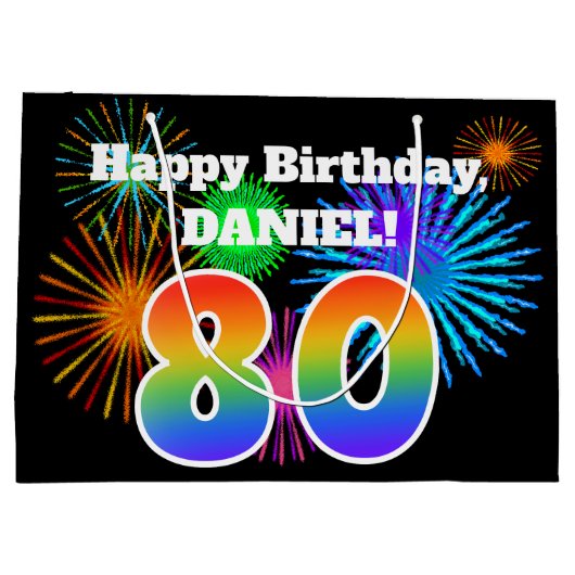 Fun Fireworks + Rainbow Pattern "80" Birthday # Groot Cadeauzakje (Achterkant)