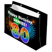 Fun Fireworks + Rainbow Pattern "80" Birthday # Groot Cadeauzakje (Voorkant Gekanteld)