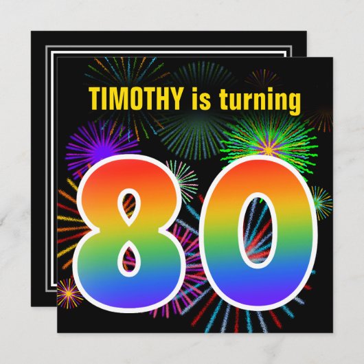 Fun Fireworks + Rainbow Pattern "80" Birthday # Kaart (Voorkant / Achterkant)
