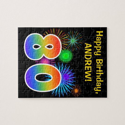 Fun Fireworks + Rainbow Pattern "80" Birthday # Legpuzzel (Horizontaal)