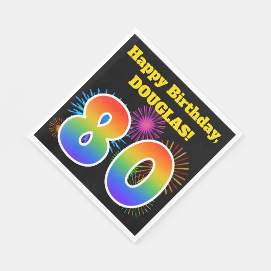 Fun Fireworks + Rainbow Pattern "80" Birthday # Servet (Hoek)