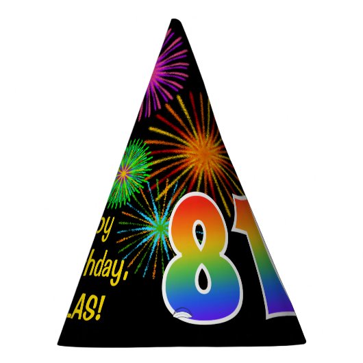 Fun Fireworks + Rainbow Pattern "81" Birthday # Feesthoedjes (Rechts)