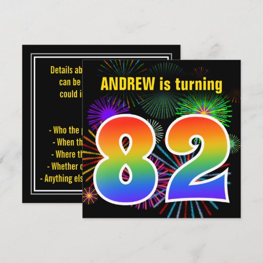 Fun Fireworks + Rainbow Pattern "82" Birthday # Kaart (Voorkant / Achterkant)