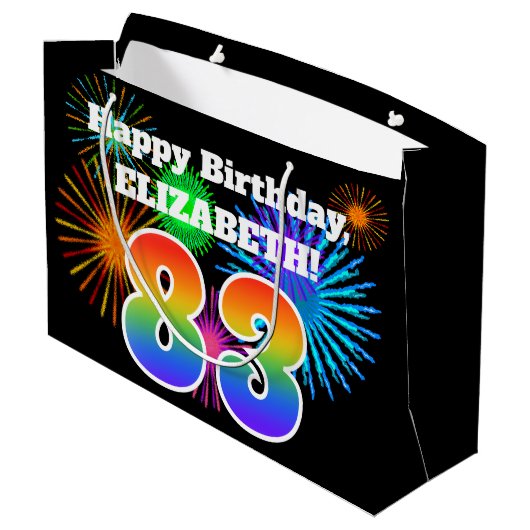 Fun Fireworks + Rainbow Pattern "83" Birthday # Groot Cadeauzakje (Achterkant Gekanteld)