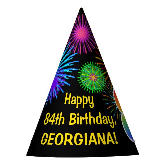 Fun Fireworks + Rainbow Pattern "84" Birthday # Feesthoedjes (Voorkant)