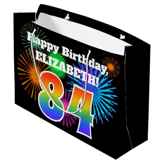 Fun Fireworks + Rainbow Pattern "84" Birthday # Groot Cadeauzakje (Achterkant Gekanteld)