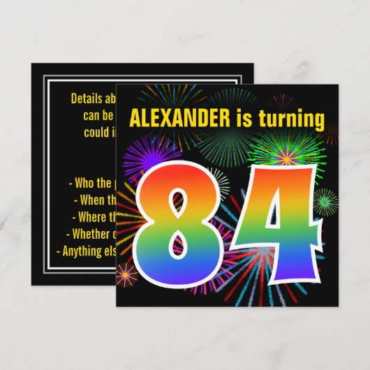 Fun Fireworks + Rainbow Pattern "84" Birthday # Kaart (Voorkant / Achterkant)