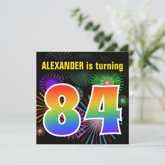 Fun Fireworks + Rainbow Pattern "84" Birthday # Kaart (Staand voorkant)