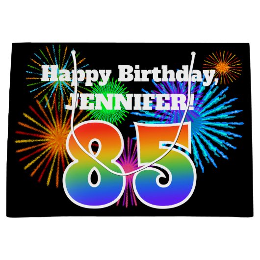 Fun Fireworks + Rainbow Pattern "85" Birthday # Groot Cadeauzakje (Voorkant)