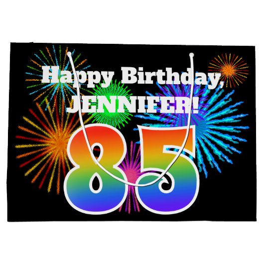 Fun Fireworks + Rainbow Pattern "85" Birthday # Groot Cadeauzakje (Achterkant)