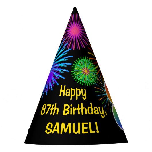 Fun Fireworks + Rainbow Pattern "87" Birthday # Feesthoedjes (Voorkant)
