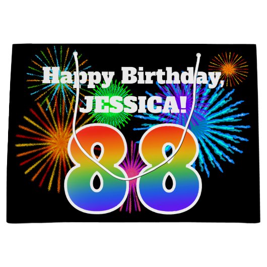 Fun Fireworks + Rainbow Pattern "88" Birthday # Groot Cadeauzakje (Voorkant)
