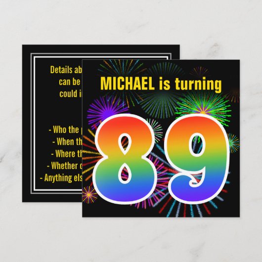Fun Fireworks + Rainbow Pattern "89" Birthday # Kaart (Voorkant / Achterkant)