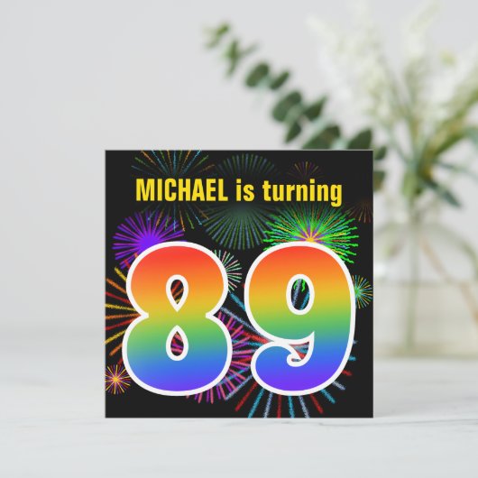 Fun Fireworks + Rainbow Pattern "89" Birthday # Kaart (Staand voorkant)