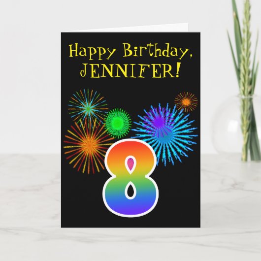 Fun Fireworks + Rainbow Pattern "8" Birthday # Kaart (Voorkant)