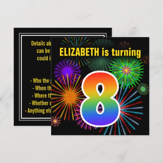Fun Fireworks + Rainbow Pattern "8" Birthday # Kaart (Voorkant / Achterkant)
