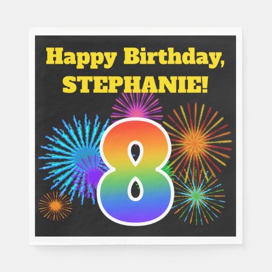 Fun Fireworks + Rainbow Pattern "8" Birthday # Servet (Voorkant)