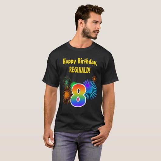 Fun Fireworks + Rainbow Pattern "8" Birthday # T-shirt (Voorkant volledig)