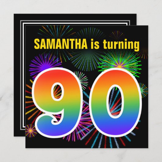 Fun Fireworks + Rainbow Pattern "90" Birthday # Kaart (Voorkant / Achterkant)