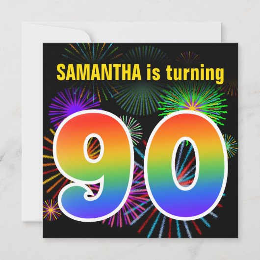 Fun Fireworks + Rainbow Pattern "90" Birthday # Kaart (Voorkant)