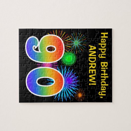 Fun Fireworks + Rainbow Pattern "90" Birthday # Legpuzzel (Horizontaal)