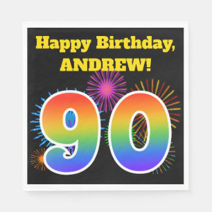 Fun Fireworks + Rainbow Pattern "90" Birthday # Servet