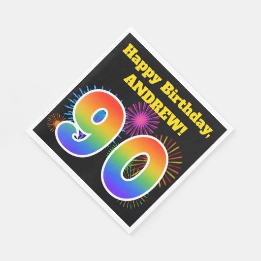Fun Fireworks + Rainbow Pattern "90" Birthday # Servet (Hoek)