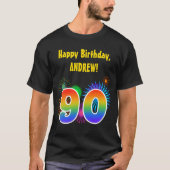 Fun Fireworks + Rainbow Pattern "90" Birthday # T-shirt (Voorkant)