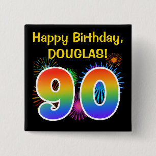 Fun Fireworks + Rainbow Pattern "90" Birthday # Vierkante Button 5,1 Cm